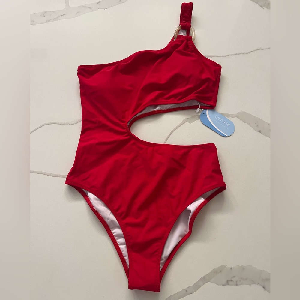 Red One-Shoulder Cutout One-Piece Swimsuit - Picture 3 of 4
